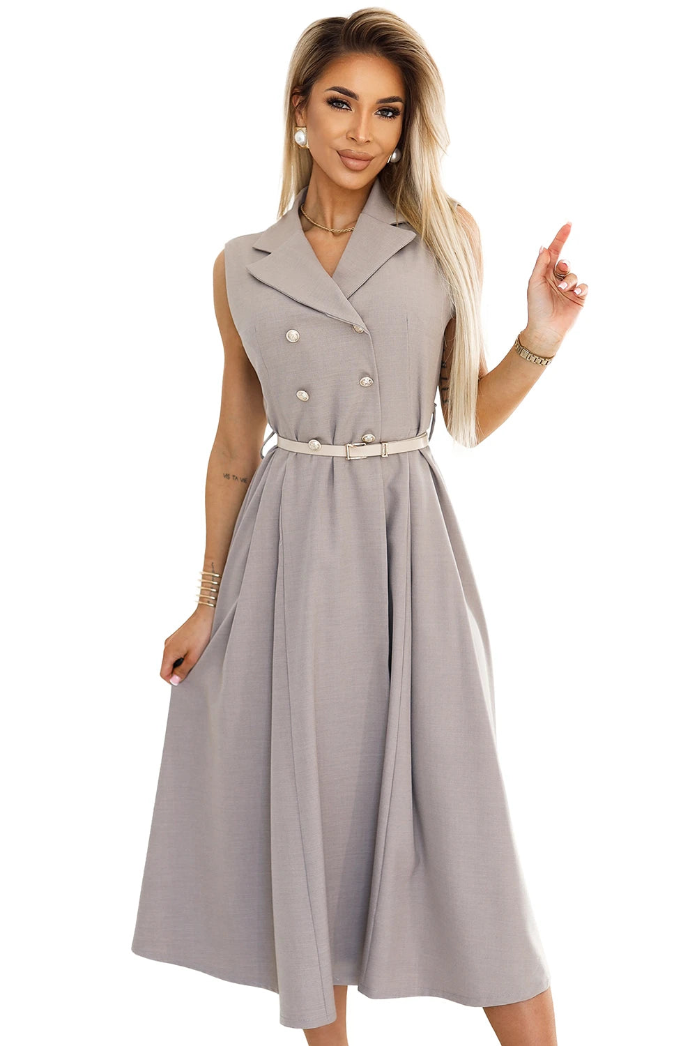 596-2 Rochie camasa midi eleganta cu nasturi si curea aurii - bej gri