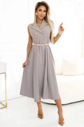 596-2 Rochie camasa midi eleganta cu nasturi si curea aurii - bej gri