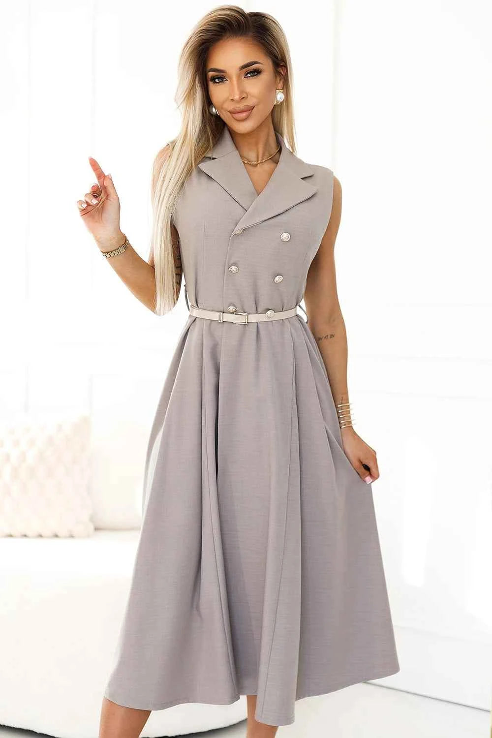 596-2 Rochie camasa midi eleganta cu nasturi si curea aurii - bej gri
