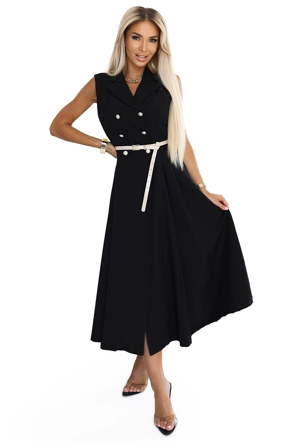 596-3 Rochie elegantă midi cu nasturi aurii și curea - neagră