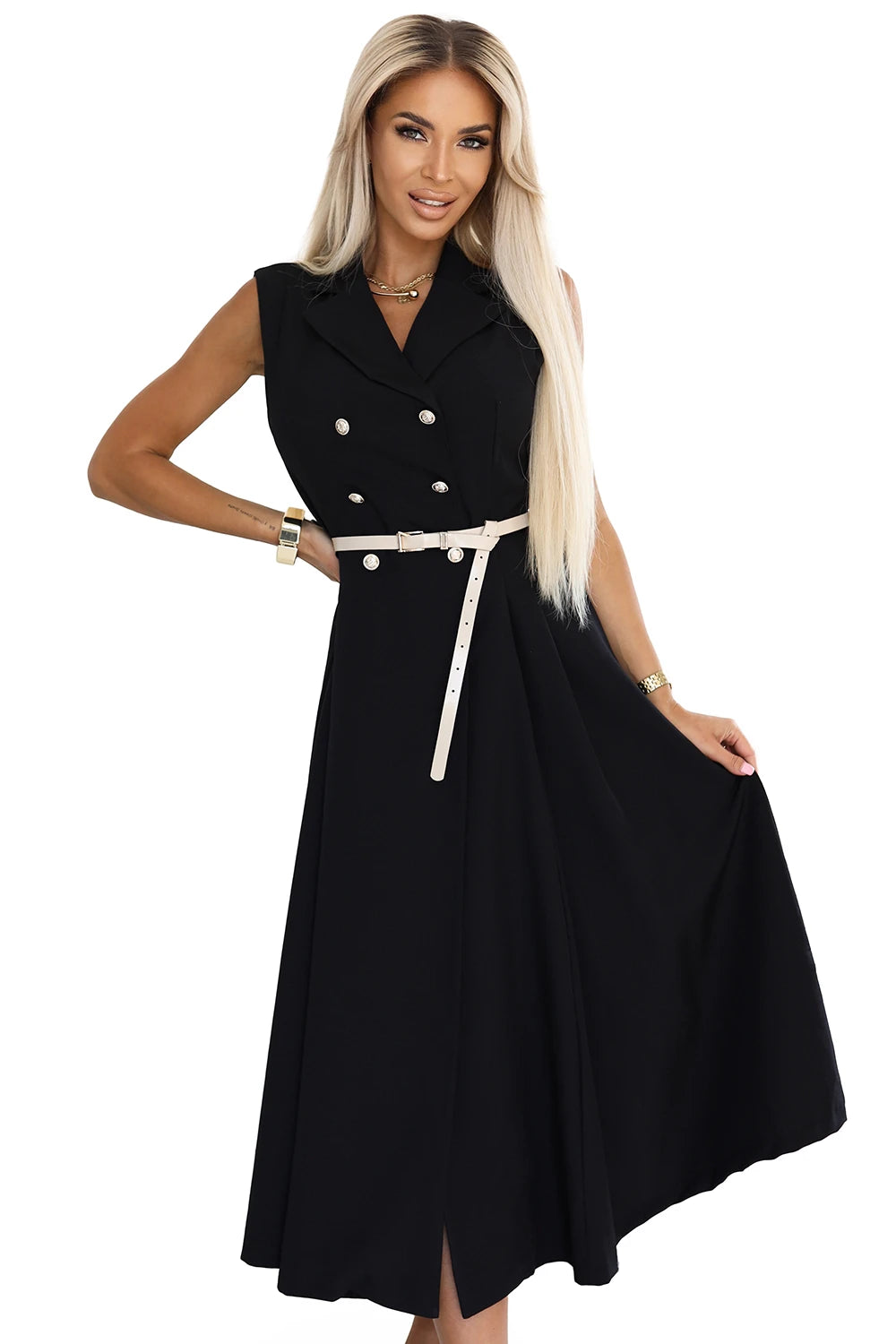 596-3 Rochie elegantă midi cu nasturi aurii și curea - neagră