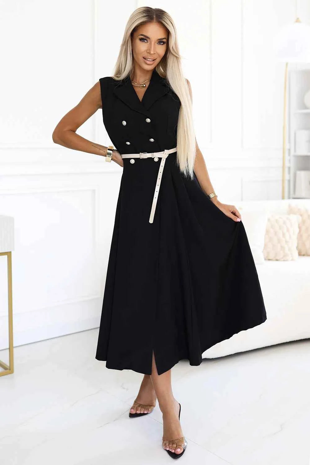 596-3 Rochie elegantă midi cu nasturi aurii și curea - neagră