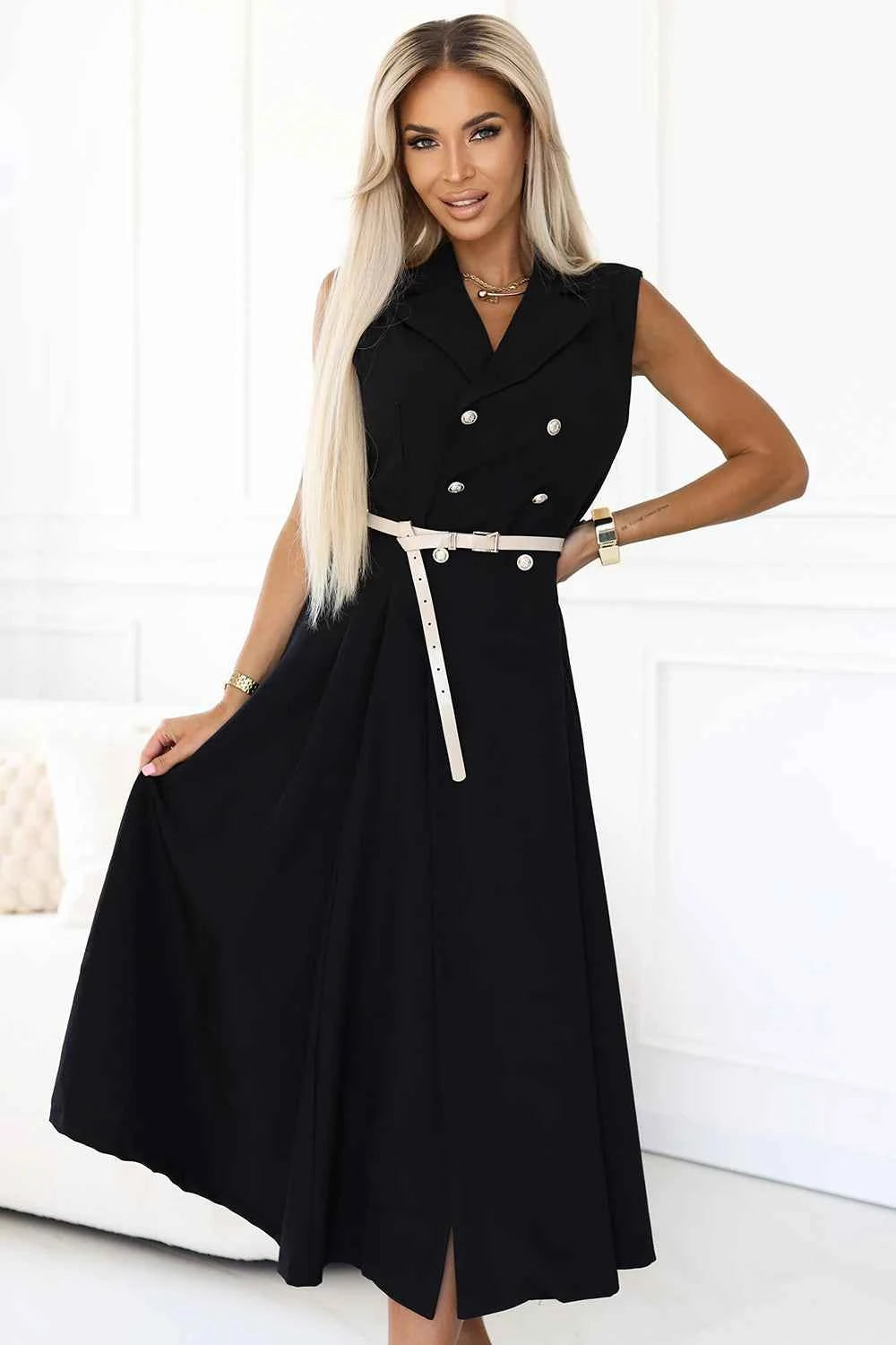 596-3 Rochie elegantă midi cu nasturi aurii și curea - neagră