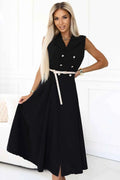 596-3 Rochie elegantă midi cu nasturi aurii și curea - neagră