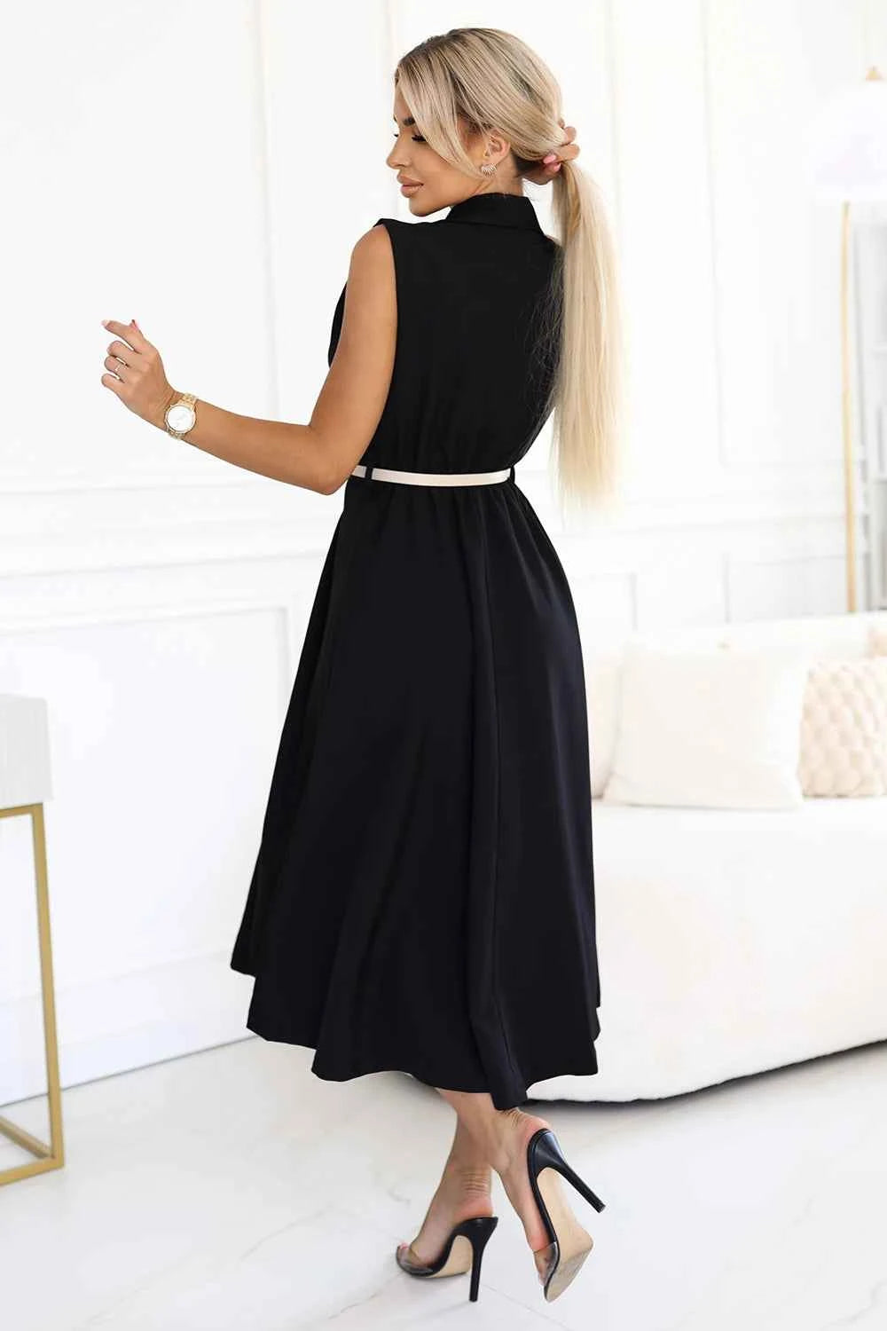 596-3 Rochie elegantă midi cu nasturi aurii și curea - neagră