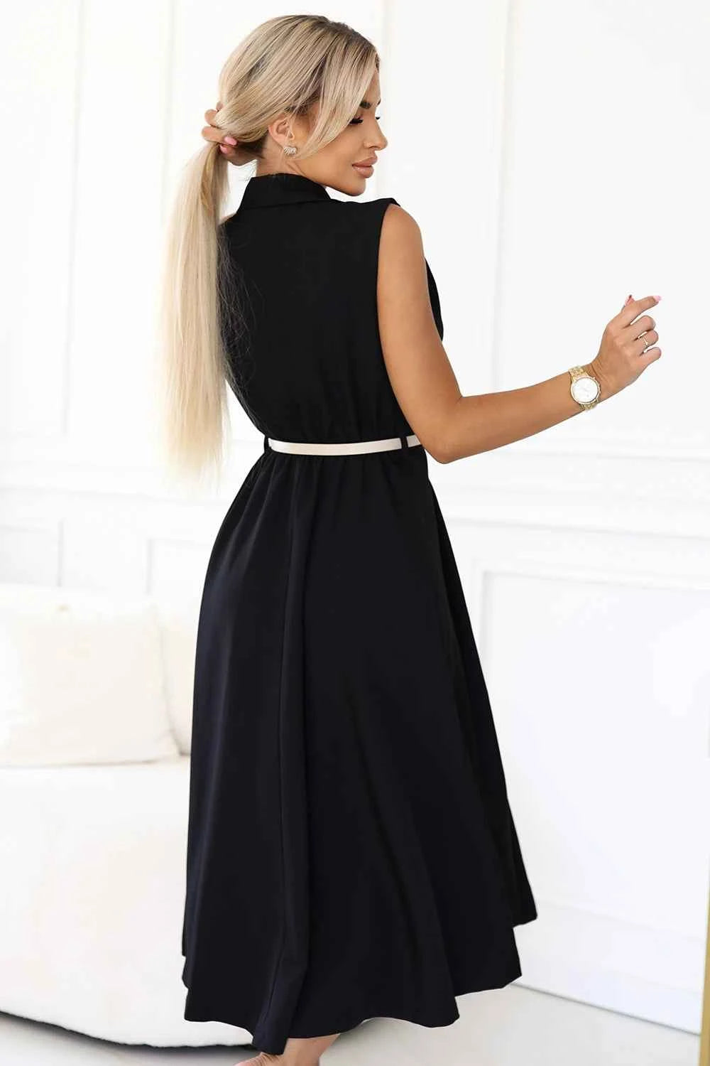 596-3 Rochie elegantă midi cu nasturi aurii și curea - neagră