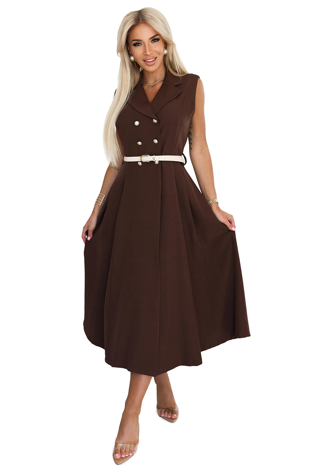 596-4 Rochie elegantă midi cu nasturi aurii și curea - ciocolatiu