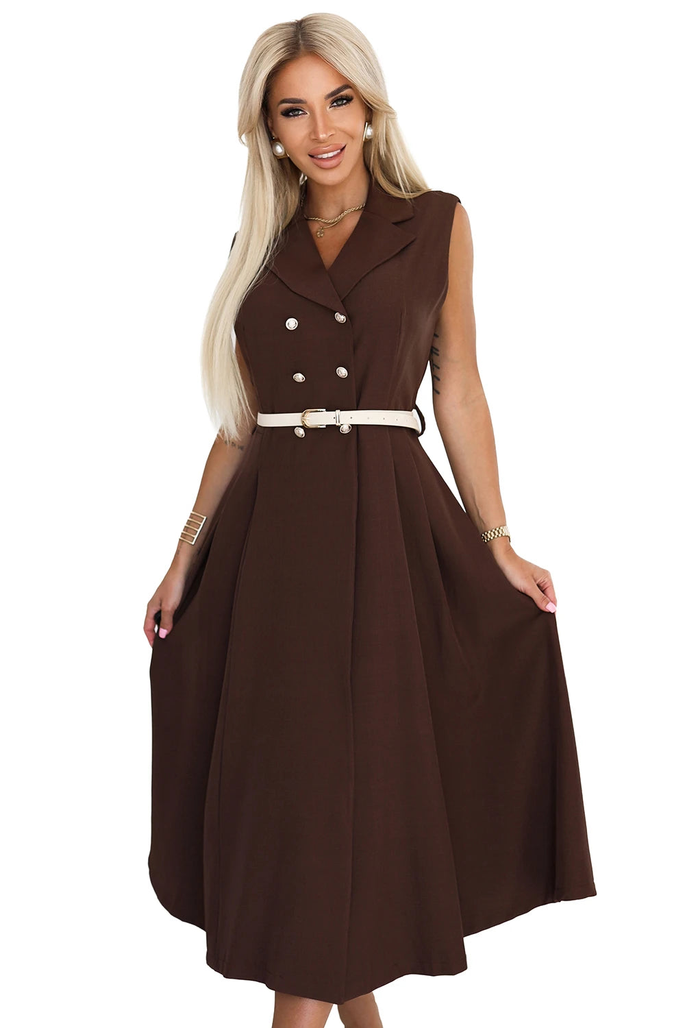 596-4 Rochie elegantă midi cu nasturi aurii și curea - ciocolatiu