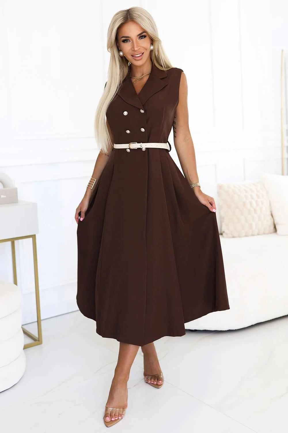 596-4 Rochie elegantă midi cu nasturi aurii și curea - ciocolatiu