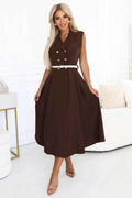 596-4 Rochie elegantă midi cu nasturi aurii și curea - ciocolatiu
