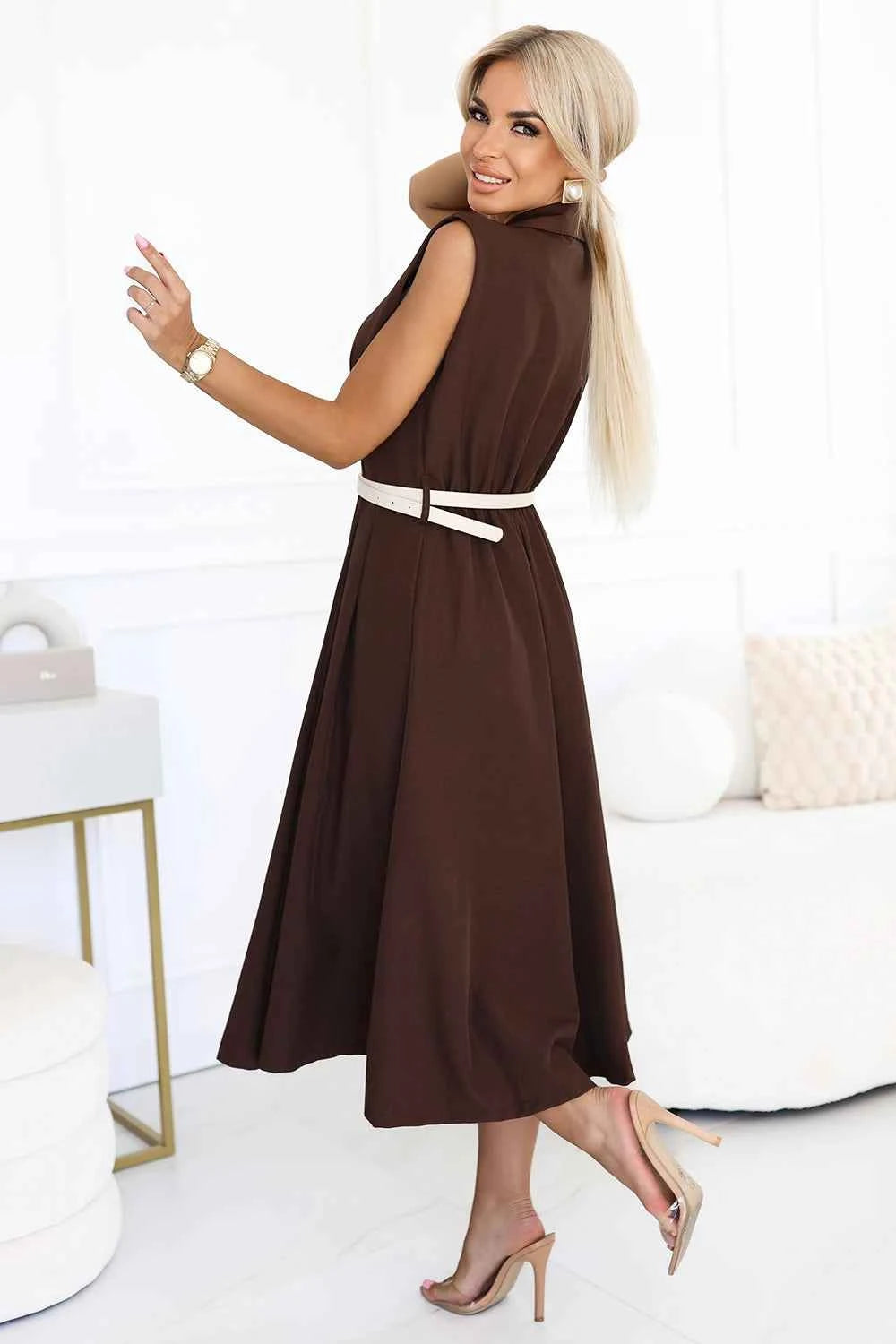 596-4 Rochie elegantă midi cu nasturi aurii și curea - ciocolatiu