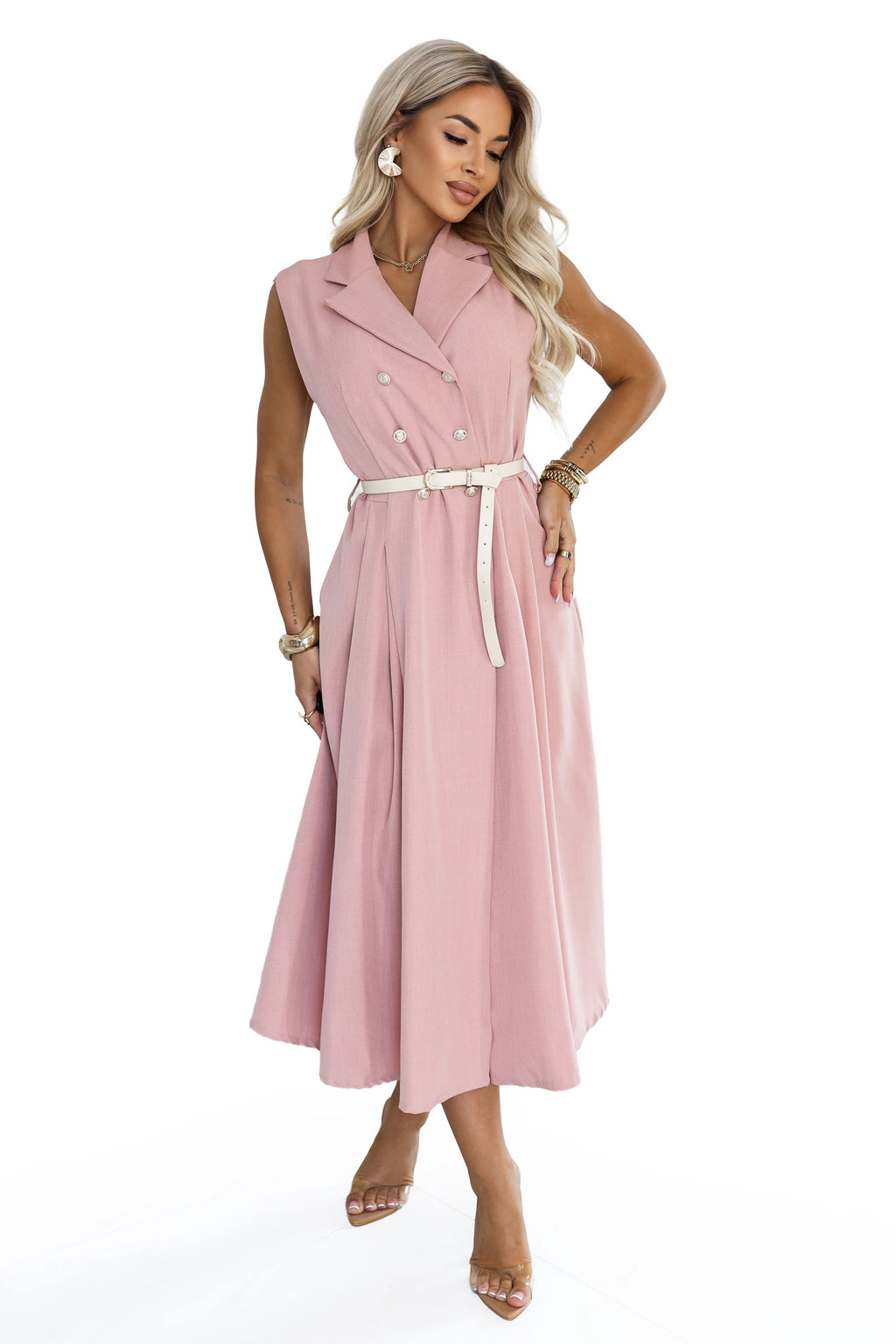 596-6 Rochie tip cămașă midi elegantă cu nasturi aurii și centură - roz pudrat