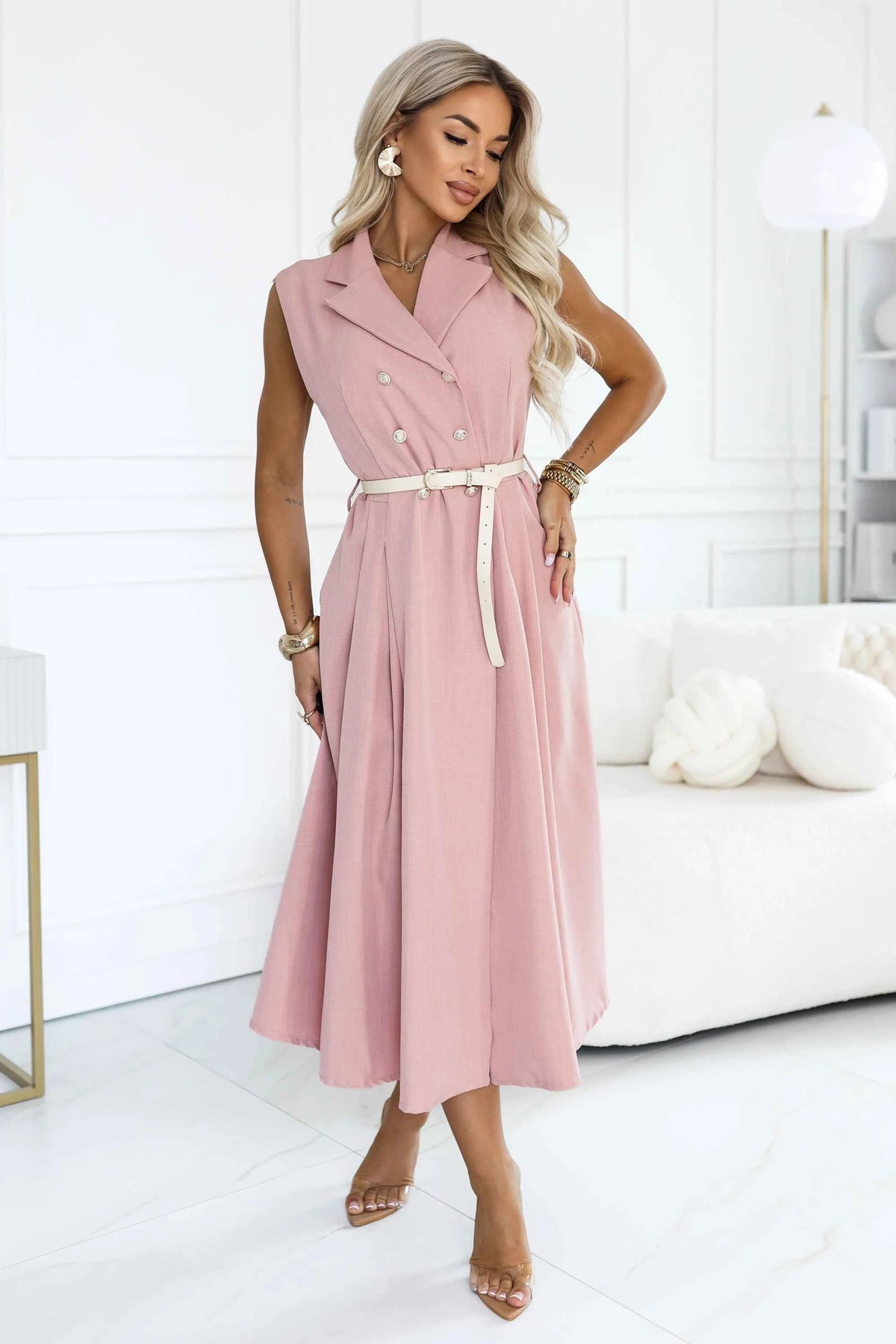 596-6 Rochie tip cămașă midi elegantă cu nasturi aurii și centură - roz pudrat
