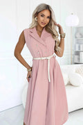 596-6 Rochie tip cămașă midi elegantă cu nasturi aurii și centură - roz pudrat