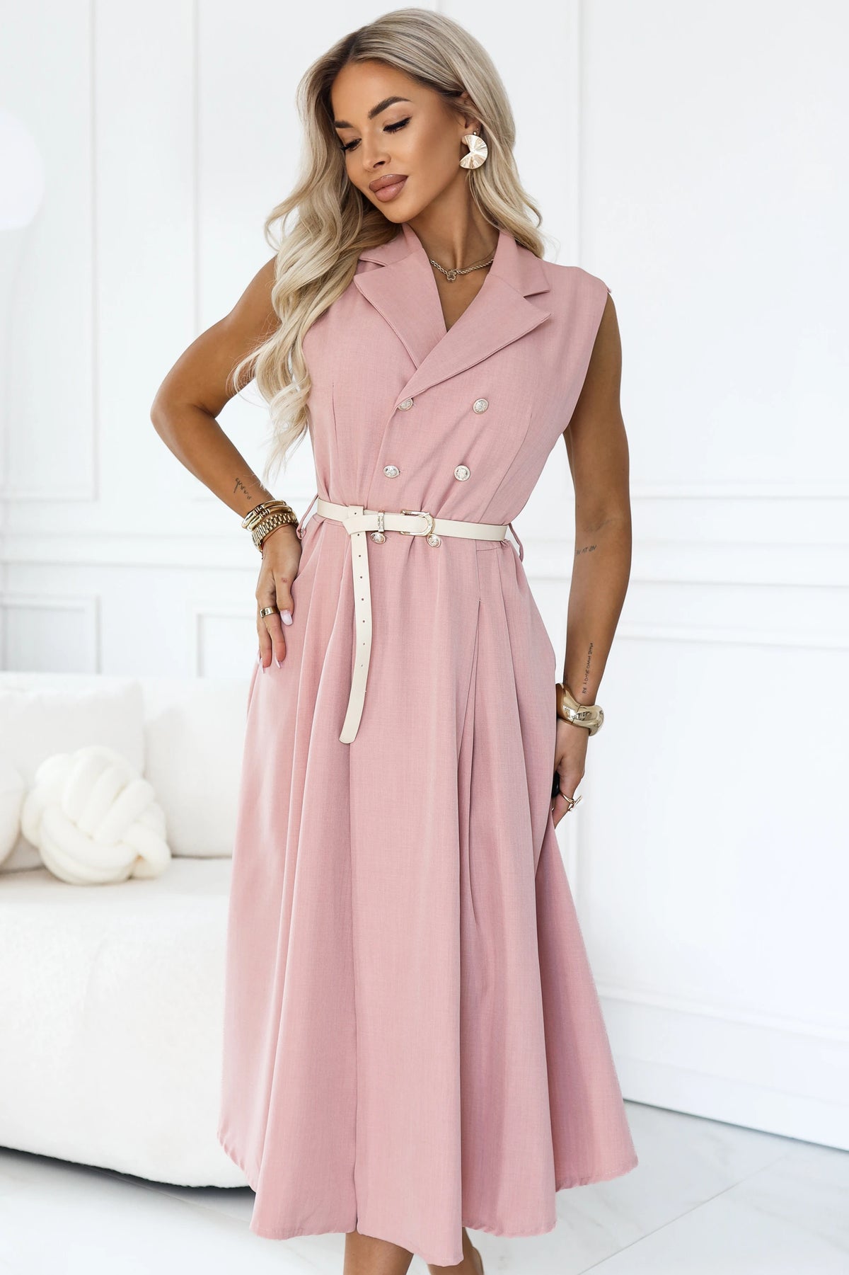 596-6 Rochie tip cămașă midi elegantă cu nasturi aurii și centură - roz pudrat