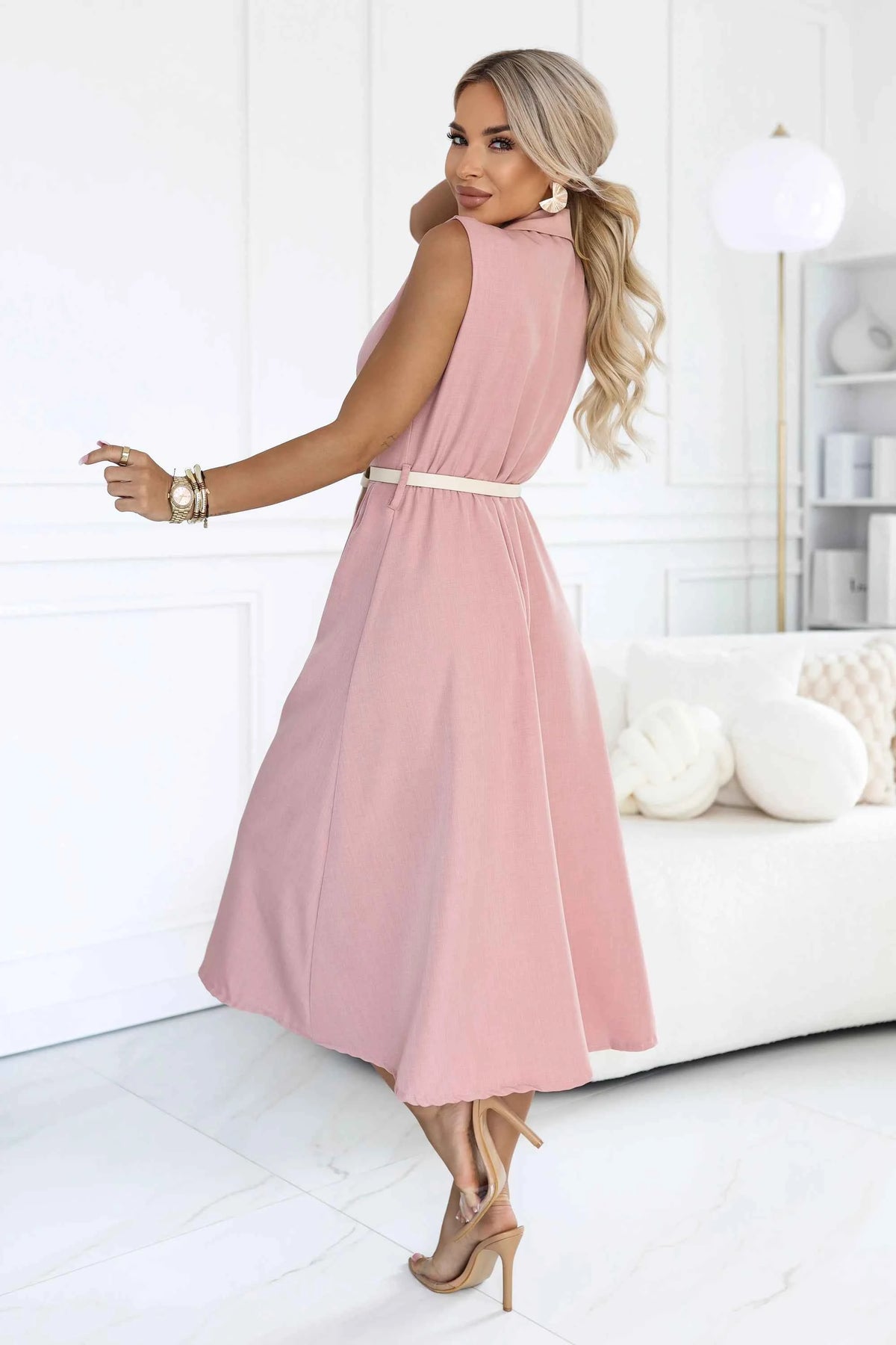 596-6 Rochie tip cămașă midi elegantă cu nasturi aurii și centură - roz pudrat