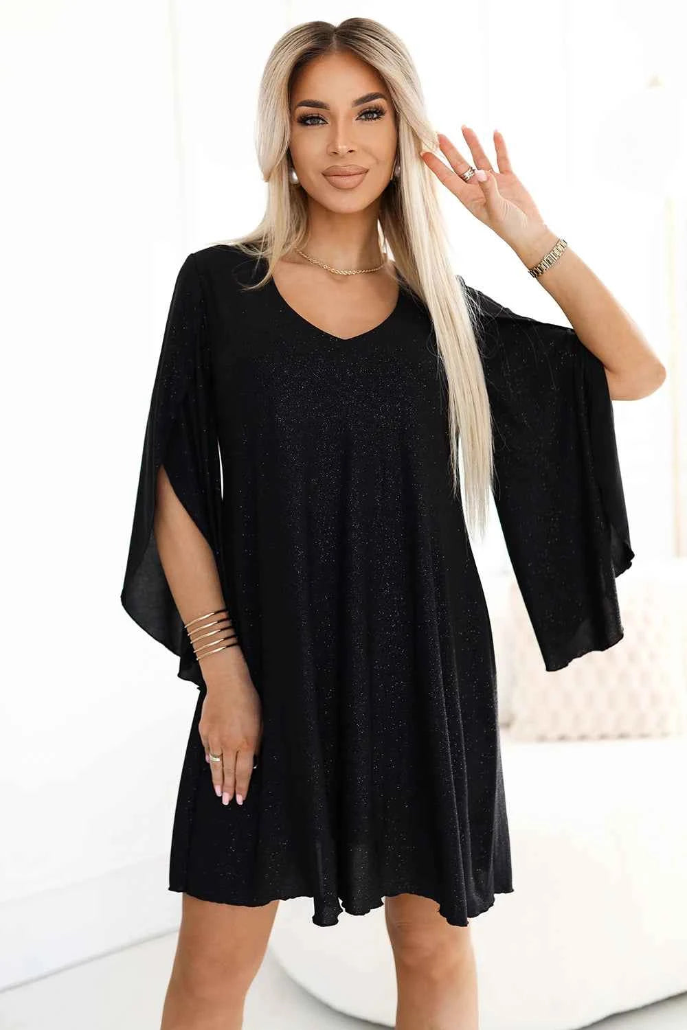 597-1 LIVIA Rochie trapez eleganta cu maneci fluture - neagra cu sclipici