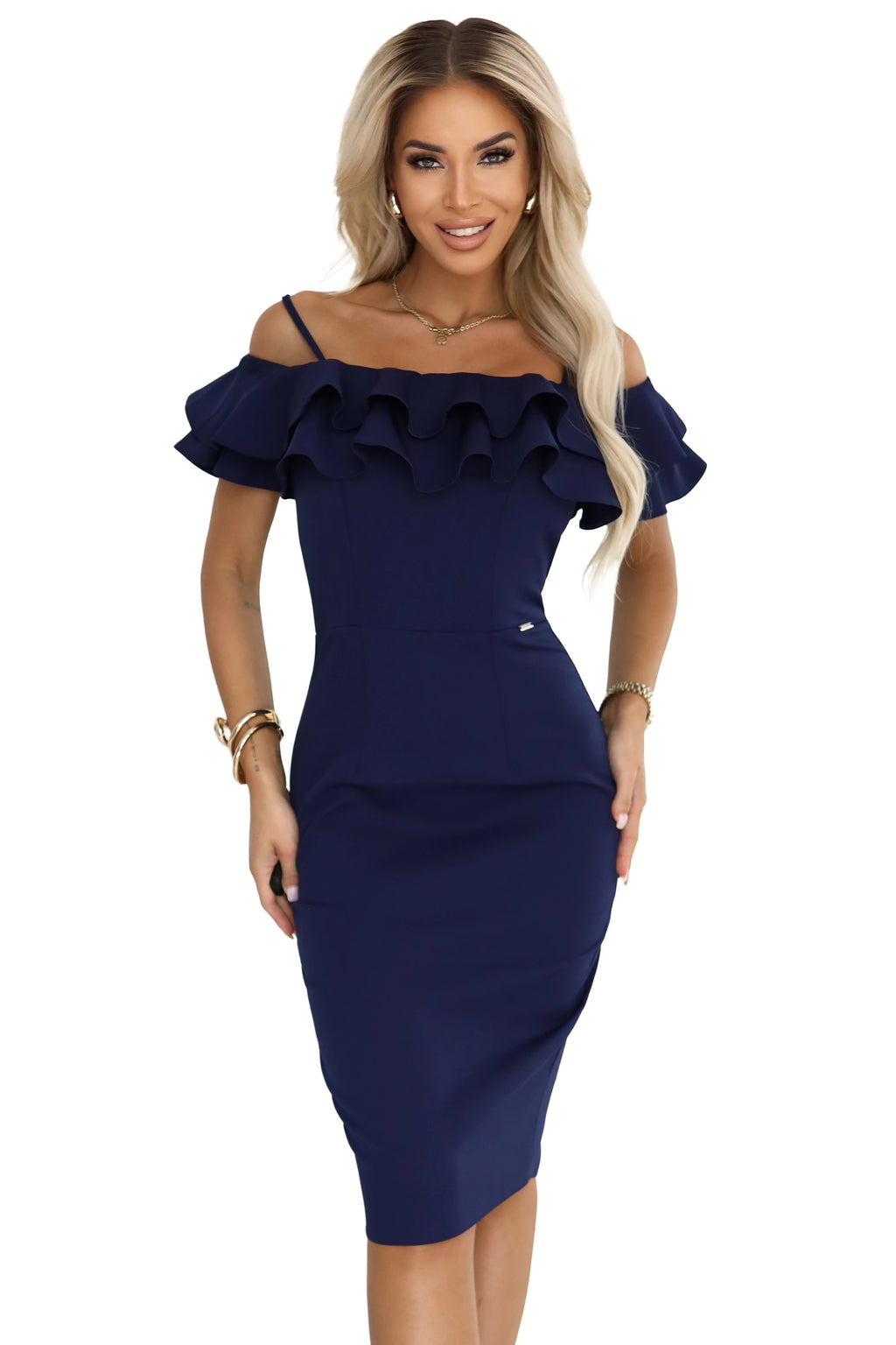 599-3 CARMEN Rochie midi mulată în stil spaniol - bleumarin