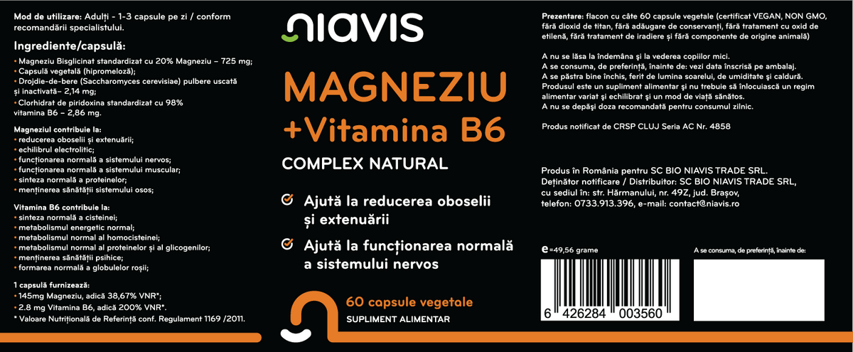 Magneziu + Vitamina B6 60cps - Supliment Esențial pentru Vitalitate