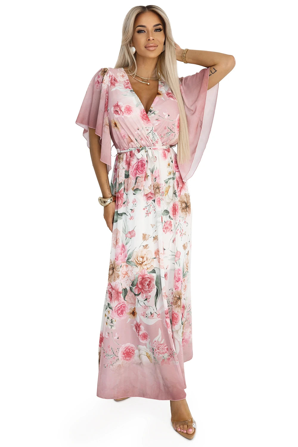 603-4 Rochie maxi vaporoasă, înfășurată, cu model floral - trandafiri roz