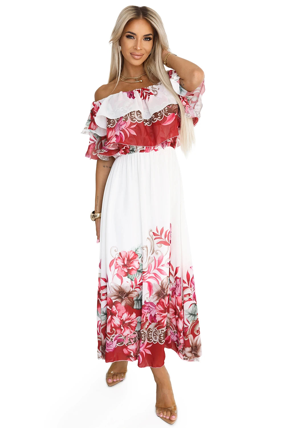 606-1 Rochie lungă de vară cu model spaniol - model floral roșu ombre