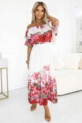 606-1 Rochie lungă de vară cu model spaniol - model floral roșu ombre