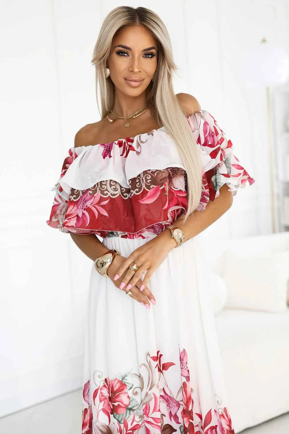 606-1 Rochie lungă de vară cu model spaniol - model floral roșu ombre
