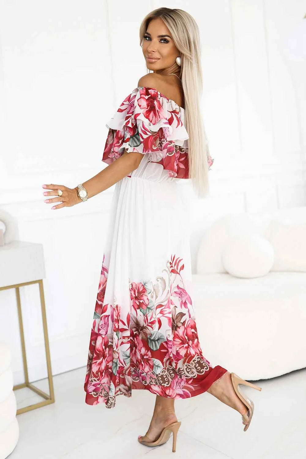 606-1 Rochie lungă de vară cu model spaniol - model floral roșu ombre