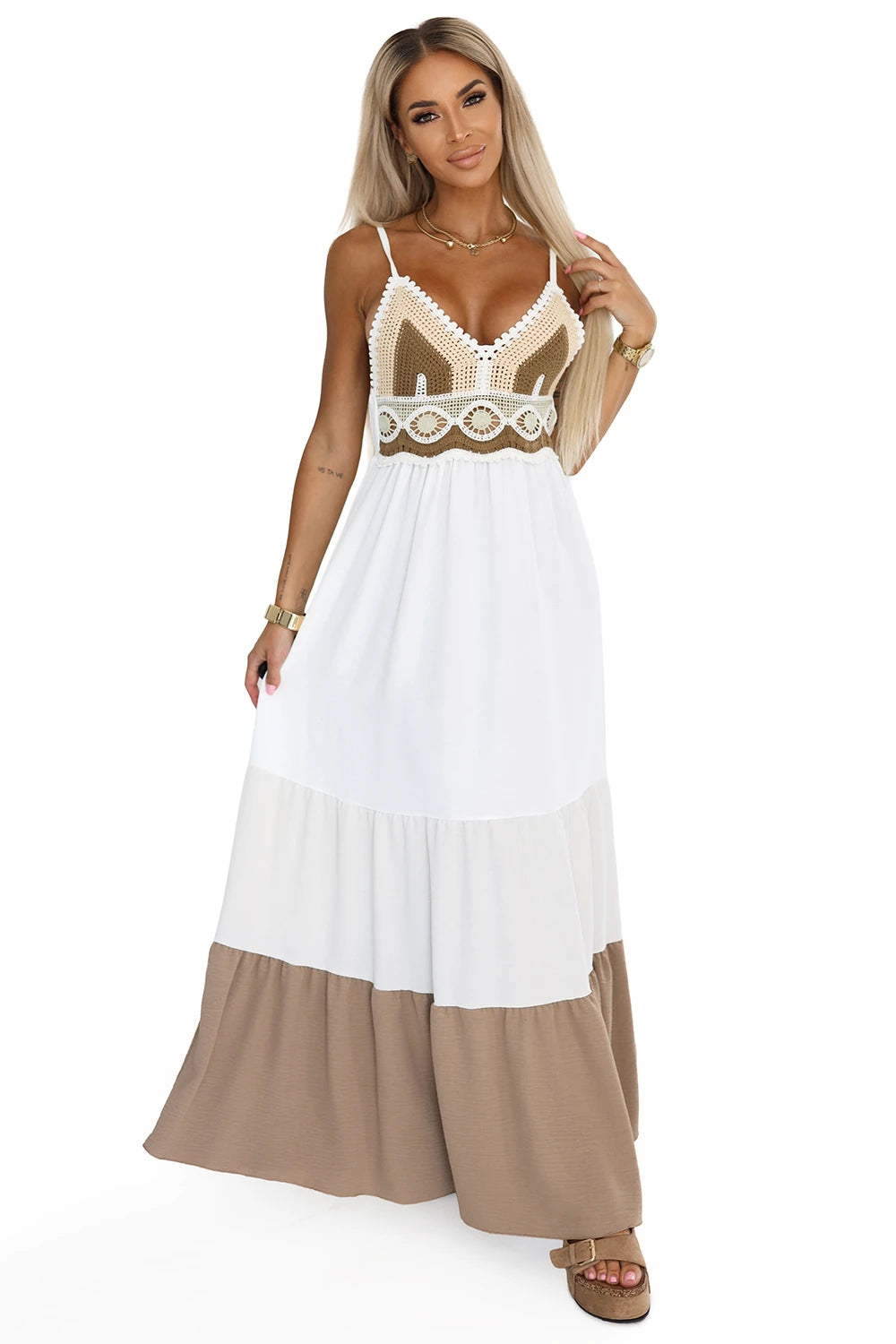 612-1 Rochie lungă bej și albă, fără bretele, cu top croșetat - boho