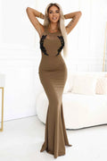 617-1 Rochie lungă tip sirenă cu dantelă neagră și plasă - MOCHA MOUSSE
