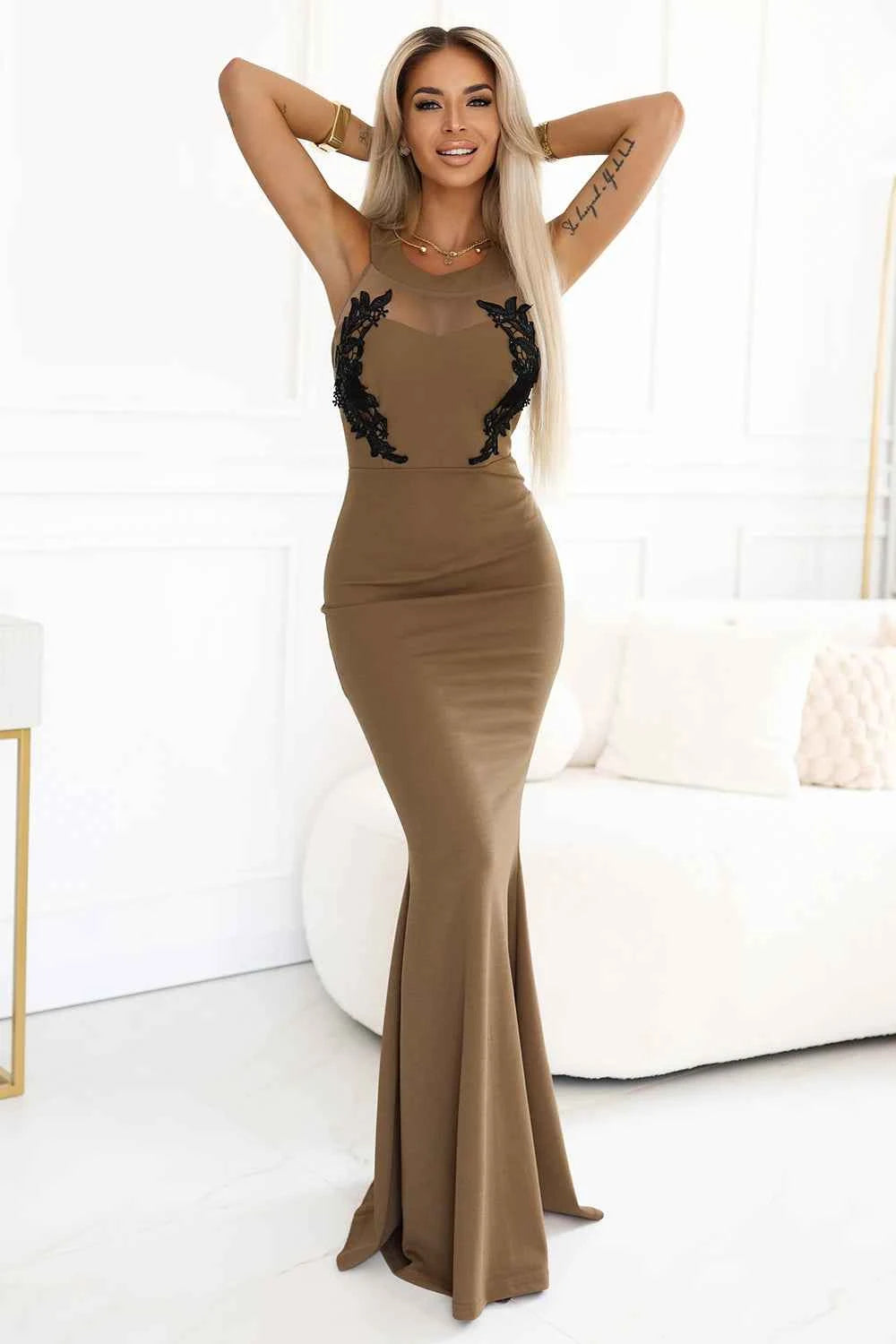 617-1 Rochie lungă tip sirenă cu dantelă neagră și plasă - MOCHA MOUSSE
