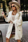 628-1 Cardigan supradimensionat la modă, cu broșă decorativă și buzunare practice - bej