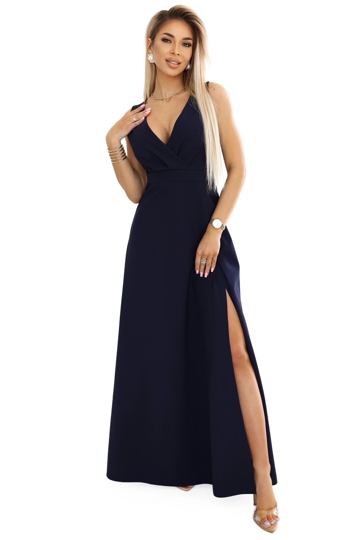 634-1 MIRA Rochie maxi elegantă cu decolteu înfășurat și crăpătură pe picior - bleumarin