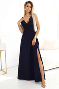 634-1 MIRA Rochie maxi elegantă cu decolteu înfășurat și crăpătură pe picior - bleumarin