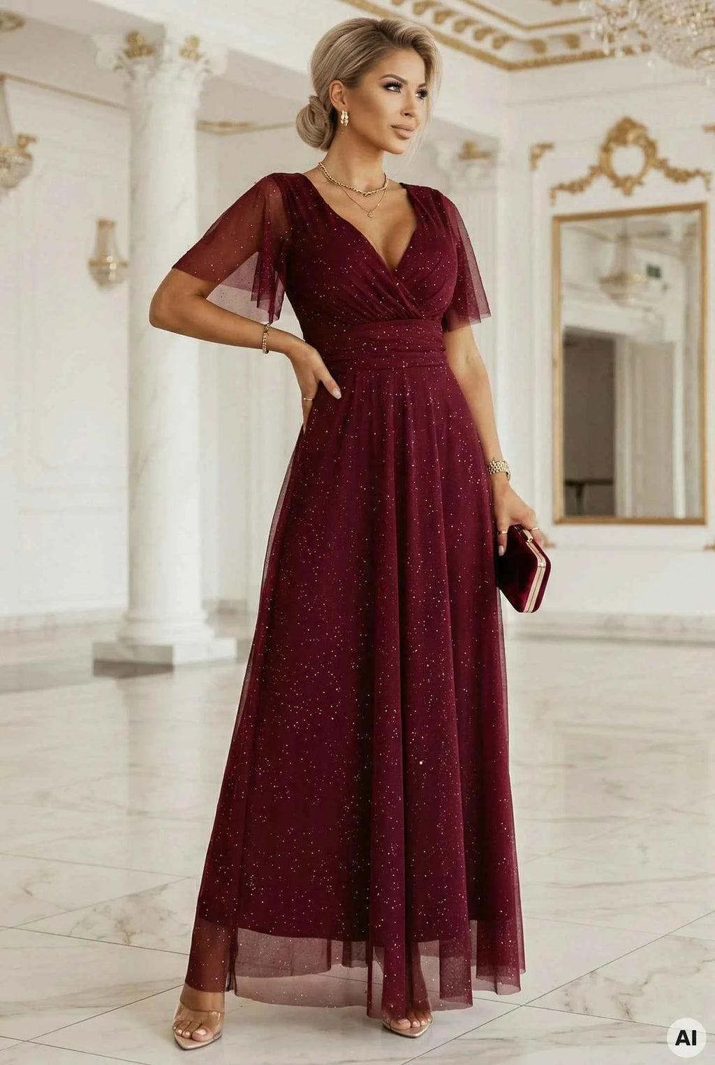 635-5 MELANIA Rochie lungă și strălucitoare, cu decolteu și mâneci scurte - vișiniu