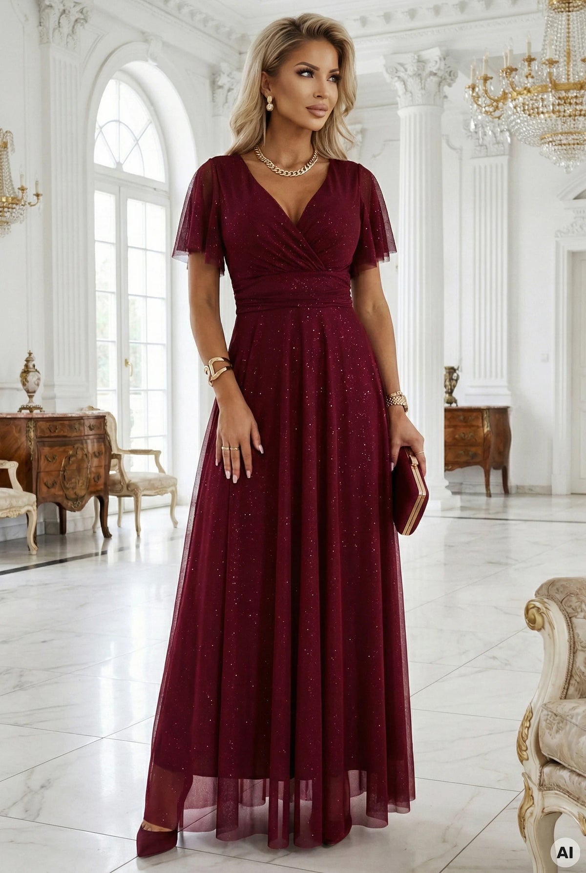 635-5 MELANIA Rochie lungă și strălucitoare, cu decolteu și mâneci scurte - vișiniu