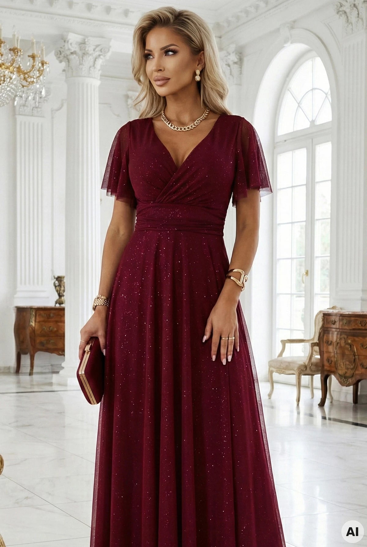 635-5 MELANIA Rochie lungă și strălucitoare, cu decolteu și mâneci scurte - vișiniu