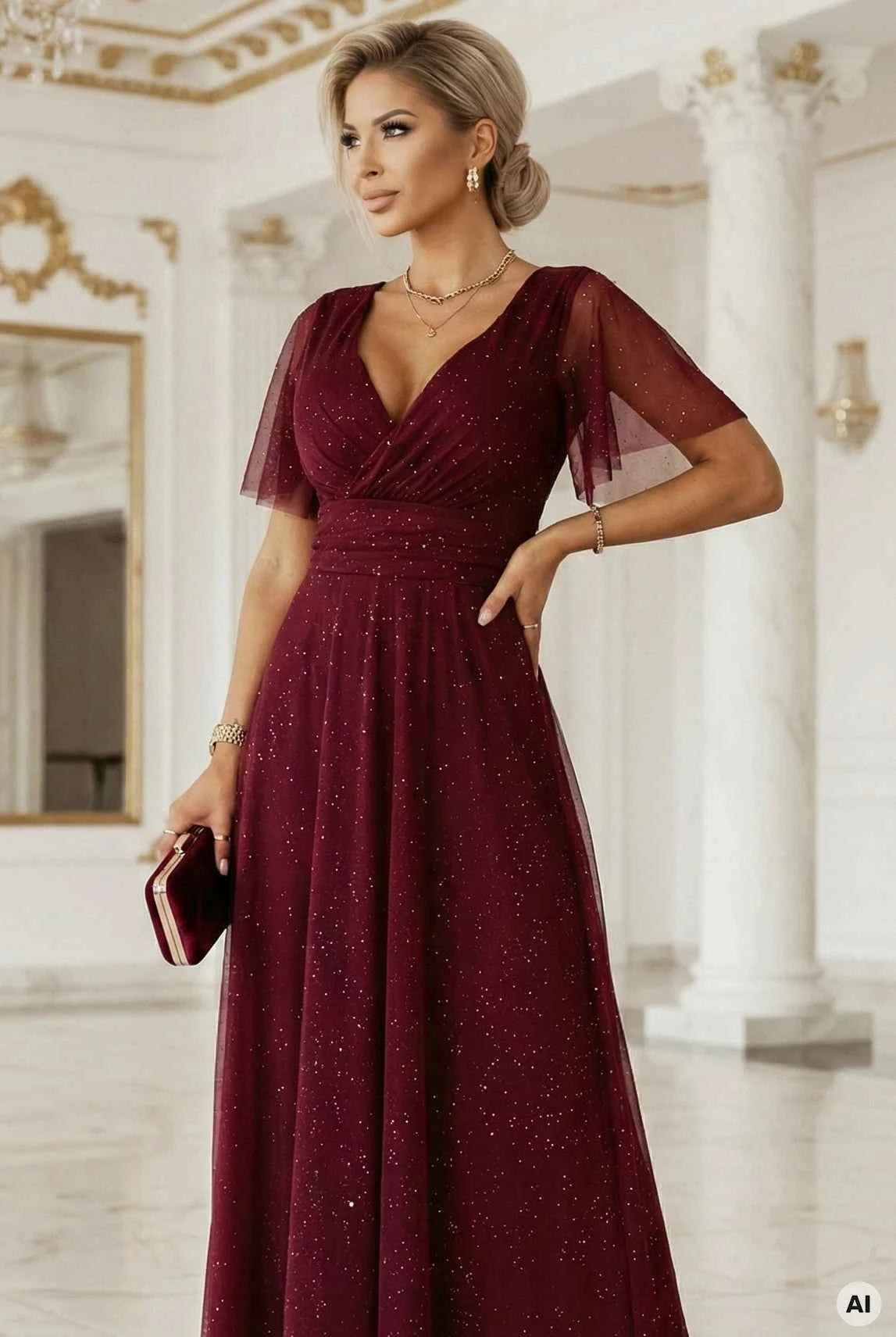 635-5 MELANIA Rochie lungă și strălucitoare, cu decolteu și mâneci scurte - vișiniu