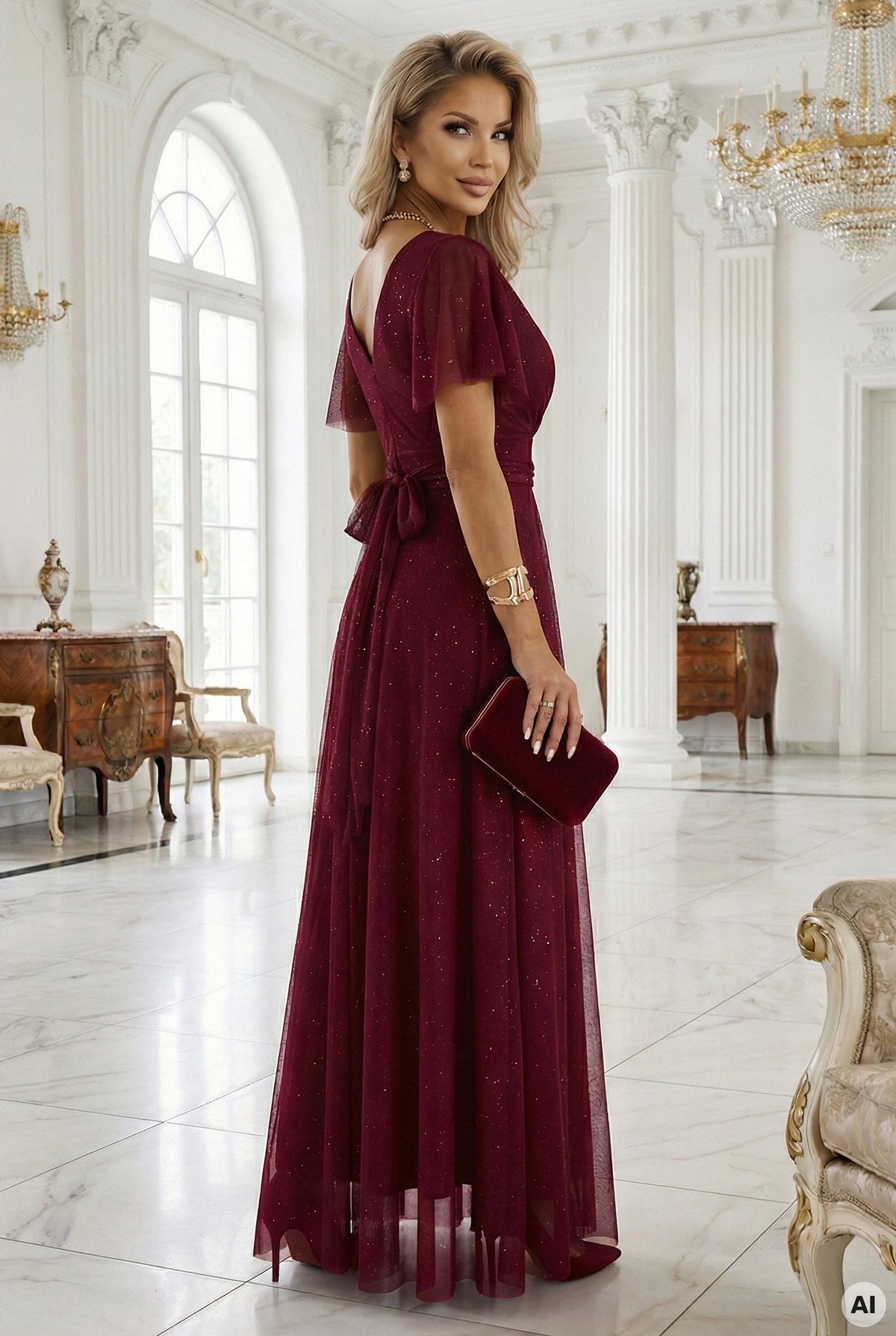635-5 MELANIA Rochie lungă și strălucitoare, cu decolteu și mâneci scurte - vișiniu