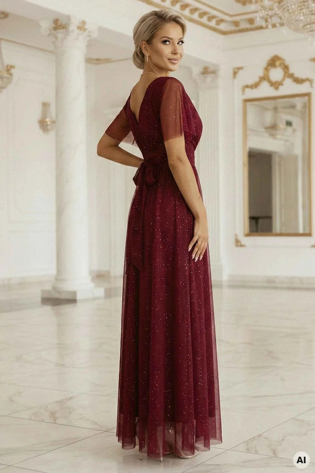 635-5 MELANIA Rochie lungă și strălucitoare, cu decolteu și mâneci scurte - vișiniu
