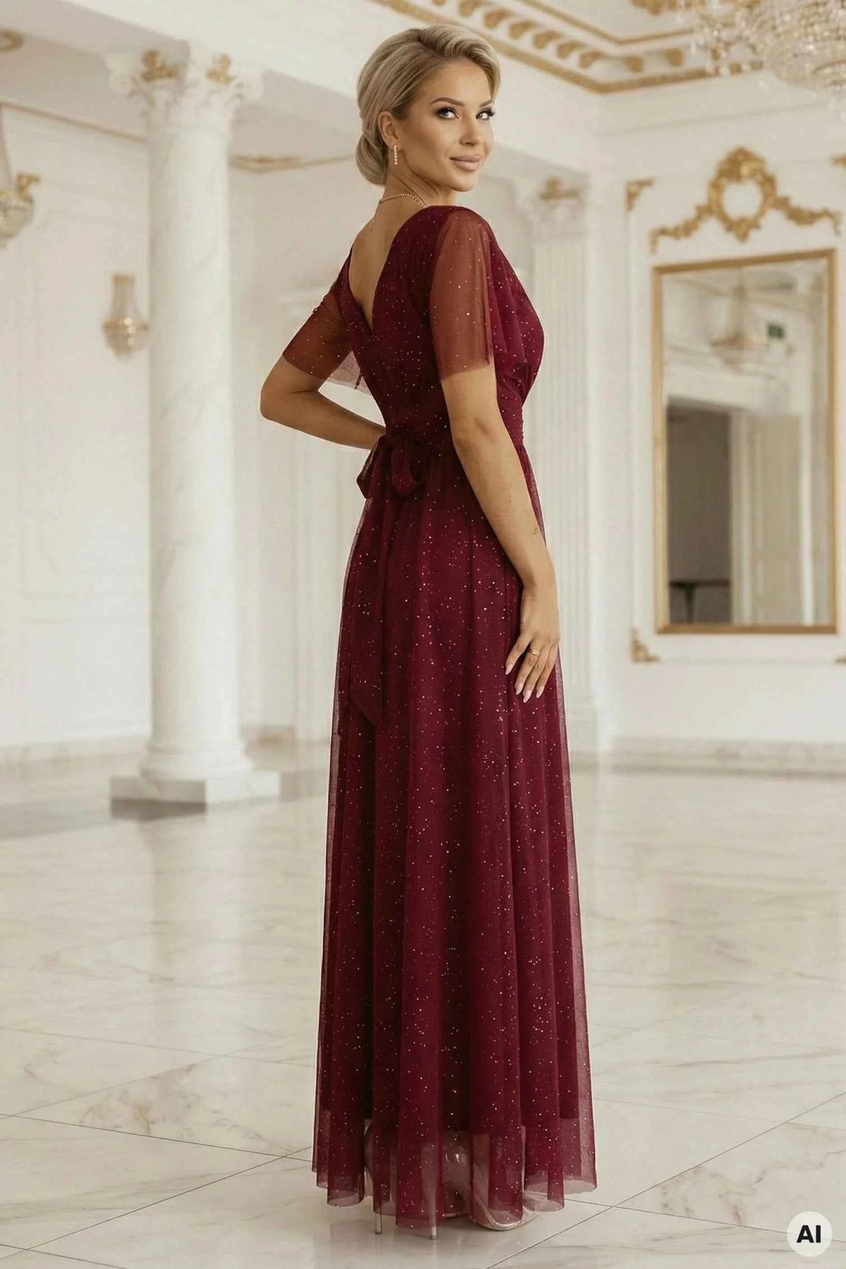 635-5 MELANIA Rochie lungă și strălucitoare, cu decolteu și mâneci scurte - vișiniu
