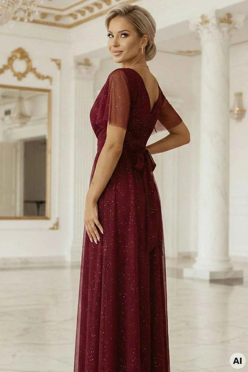 635-5 MELANIA Rochie lungă și strălucitoare, cu decolteu și mâneci scurte - vișiniu