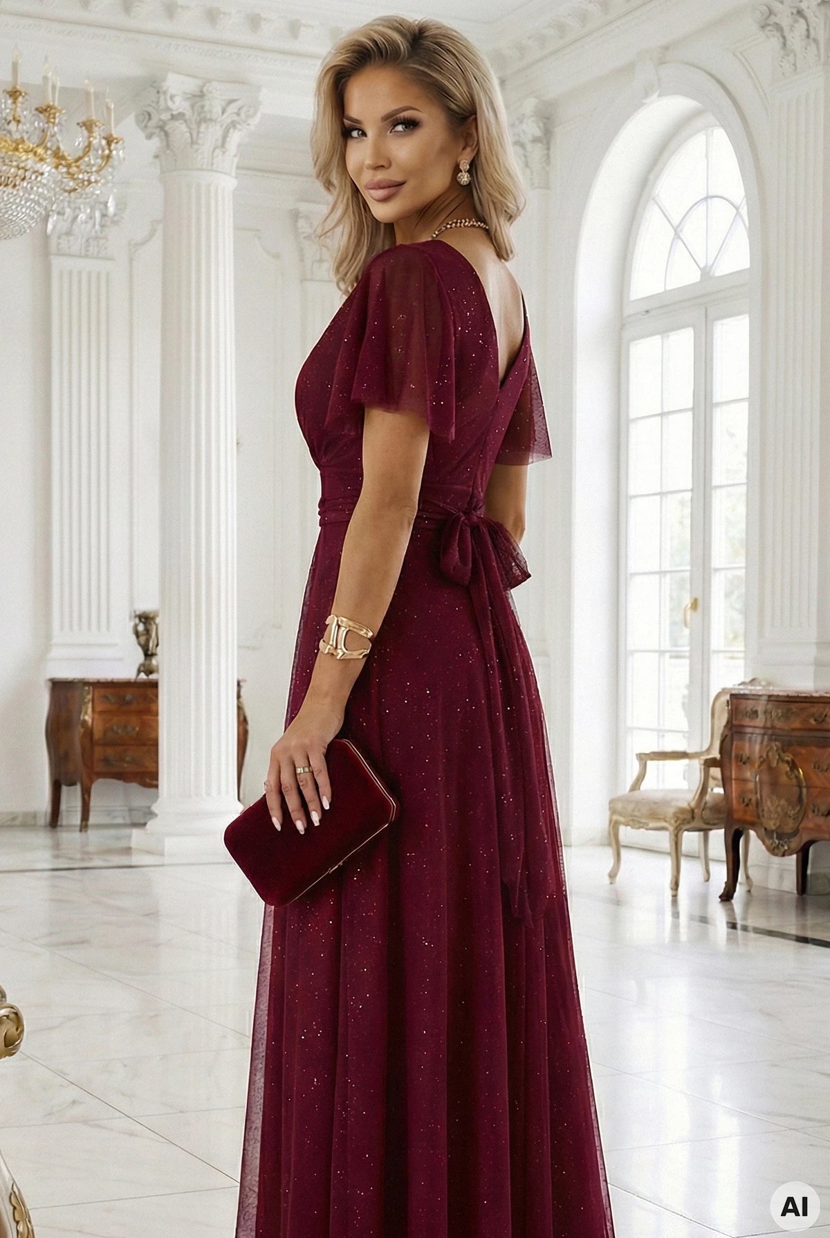 635-5 MELANIA Rochie lungă și strălucitoare, cu decolteu și mâneci scurte - vișiniu