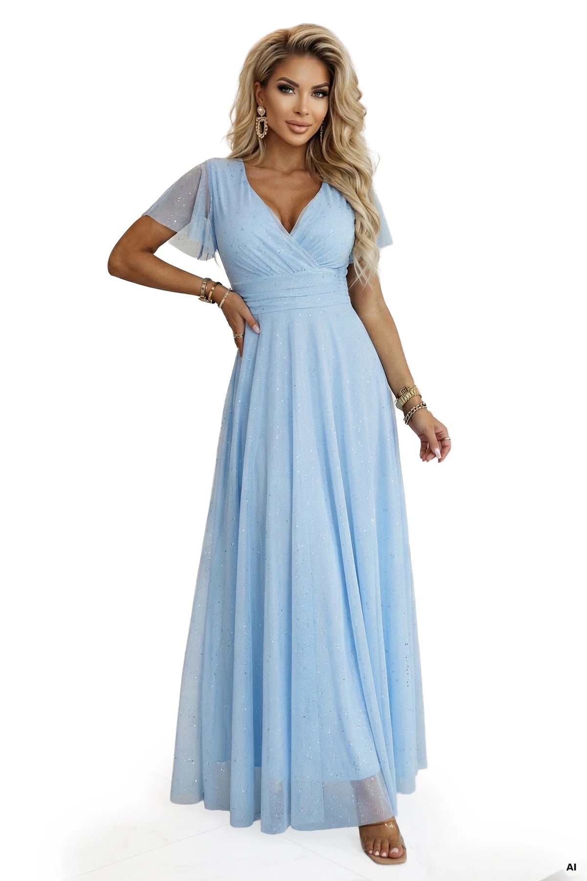 635-6 MELANIA Rochie lungă lucioasă cu decolteu și mânecă scurtă - bleu