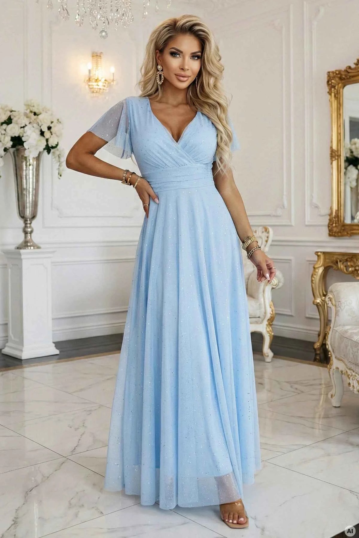 635-6 MELANIA Rochie lungă lucioasă cu decolteu și mânecă scurtă - bleu