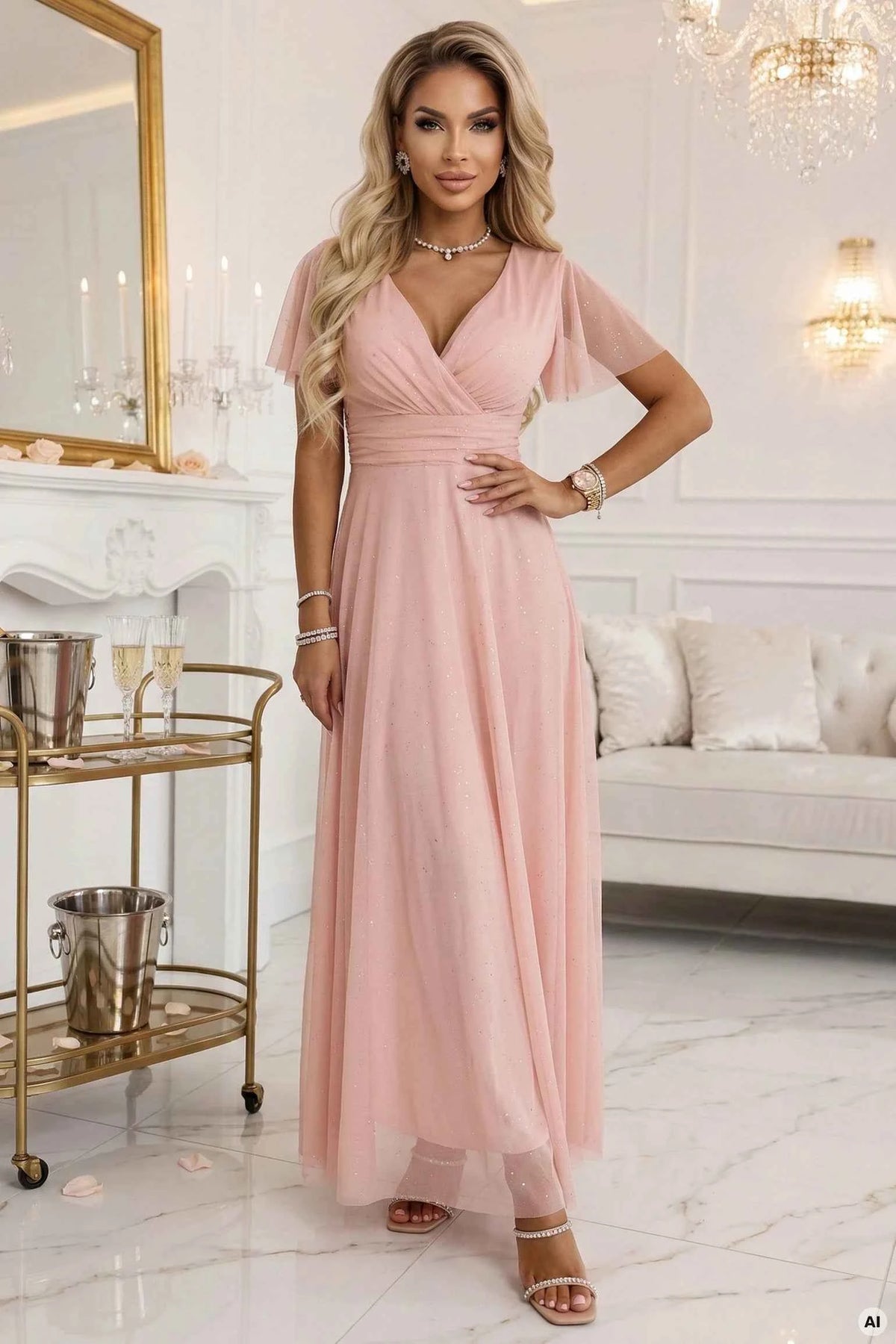 635-7 MELANIA Rochie lungă lucioasă cu decolteu și mânecă scurtă - piersică