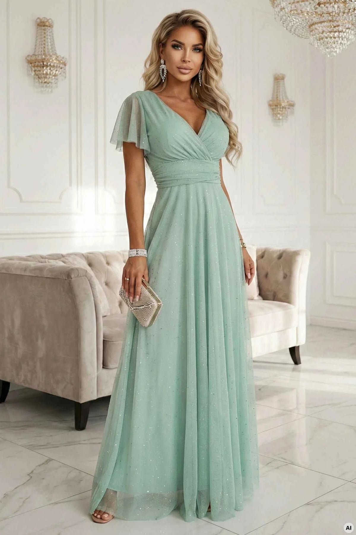 635-8 MELANIA Rochie lungă lucioasă cu decolteu și mânecă scurtă - verde fistic