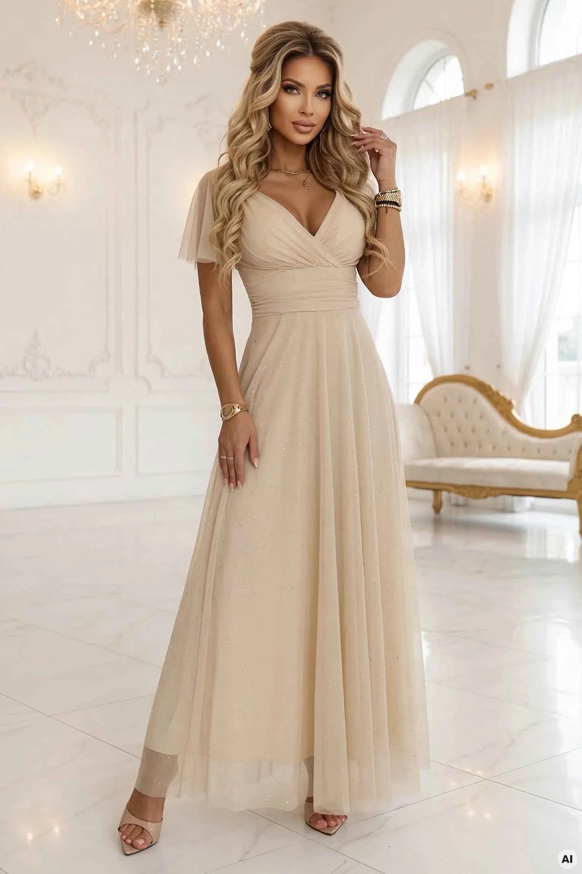 635-9 MELANIA Rochie lungă strălucitoare pentru nuntă cu decolteu și mânecă scurtă - bej