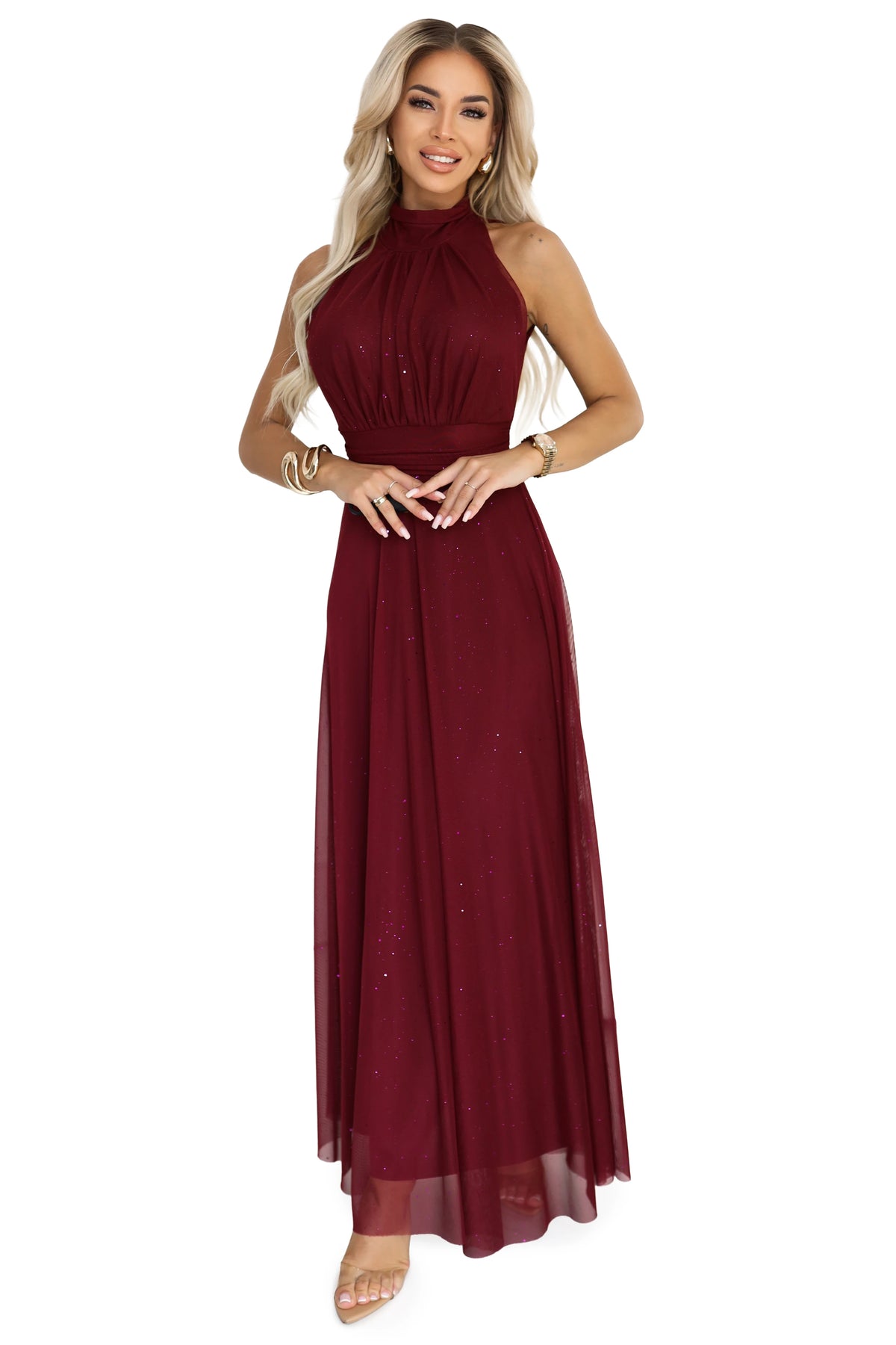 636-1 VERONICA Rochie lungă luxoasă cu accent de brocart și o croială elegantă - vișinie
