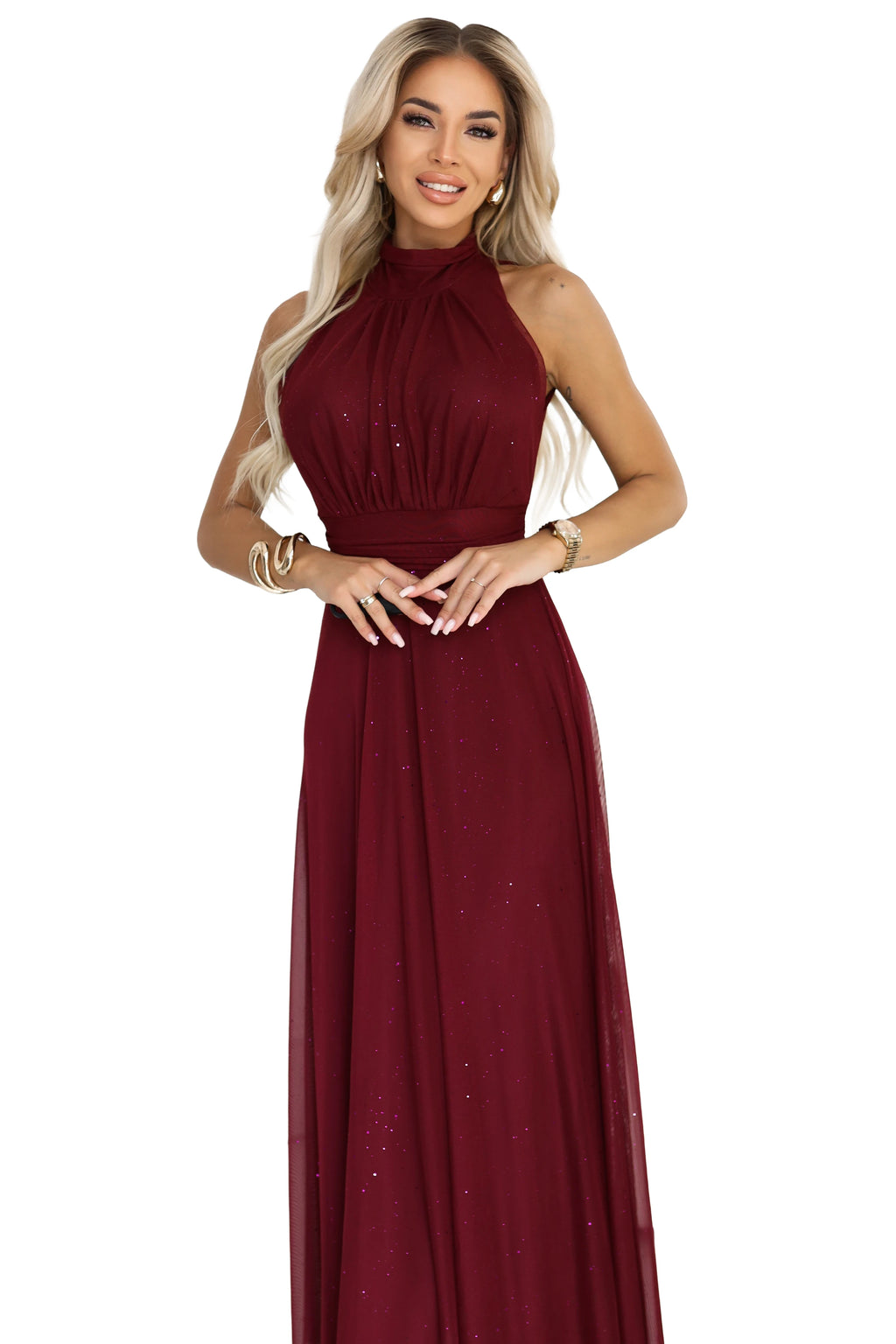 636-1 VERONICA Rochie lungă luxoasă cu accent de brocart și o croială elegantă - vișinie